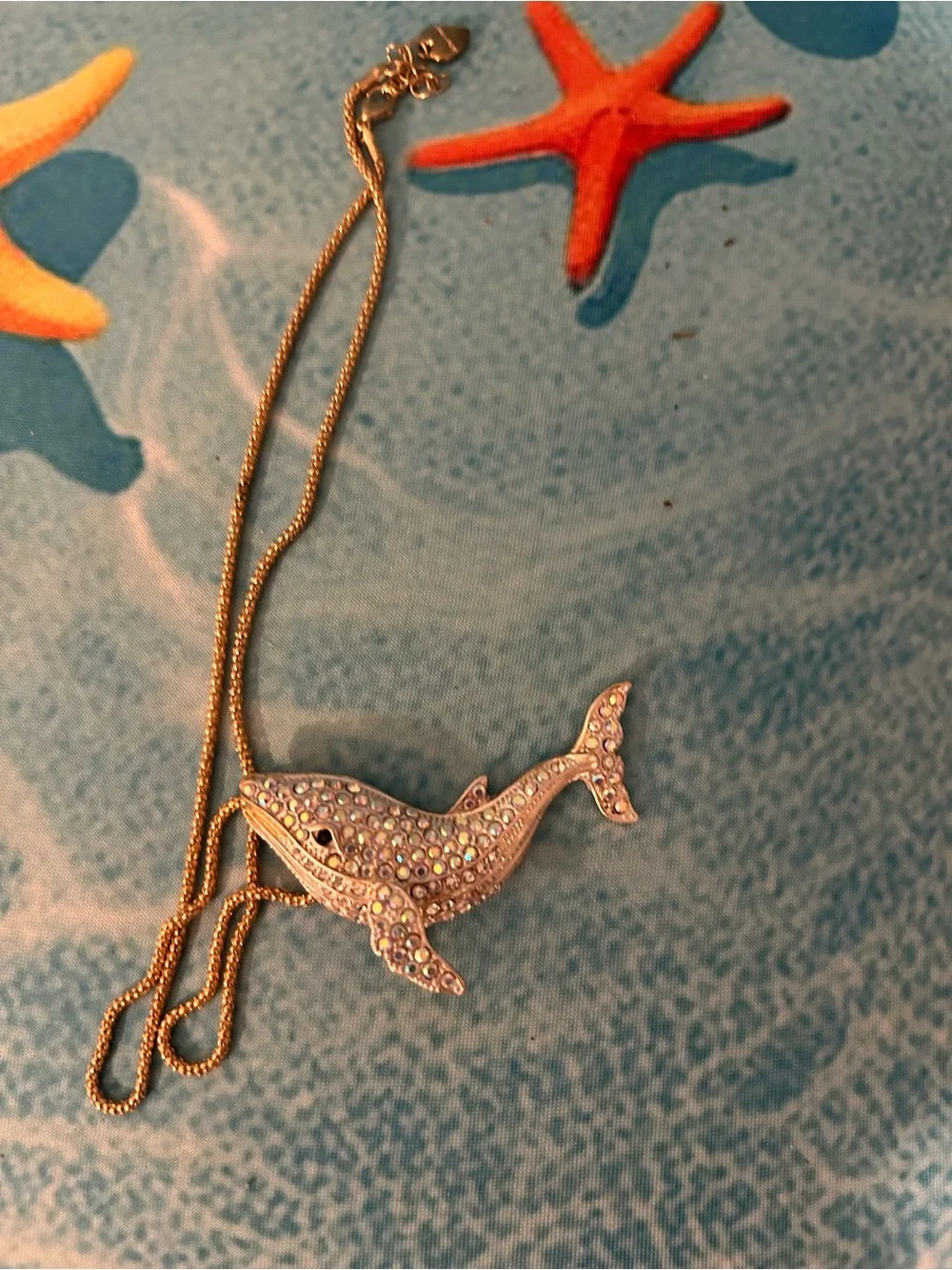Crystal Iridescent Whale Pendant Necklace - Gold Tone Chain